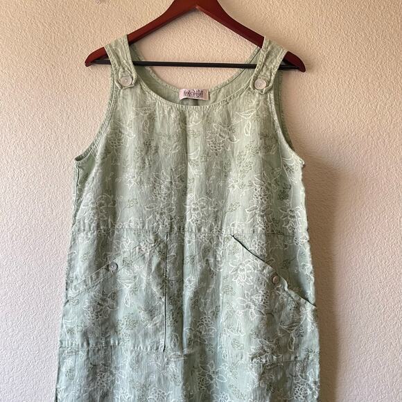 Vintage linen sage green floral midi overall dress with pockets size large - Picture 4 of 9